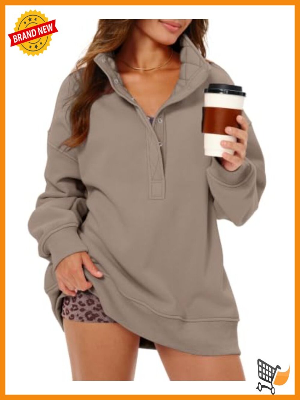Oversized Henley Sweatshirt Cotton Polyester Snap Button Pullover